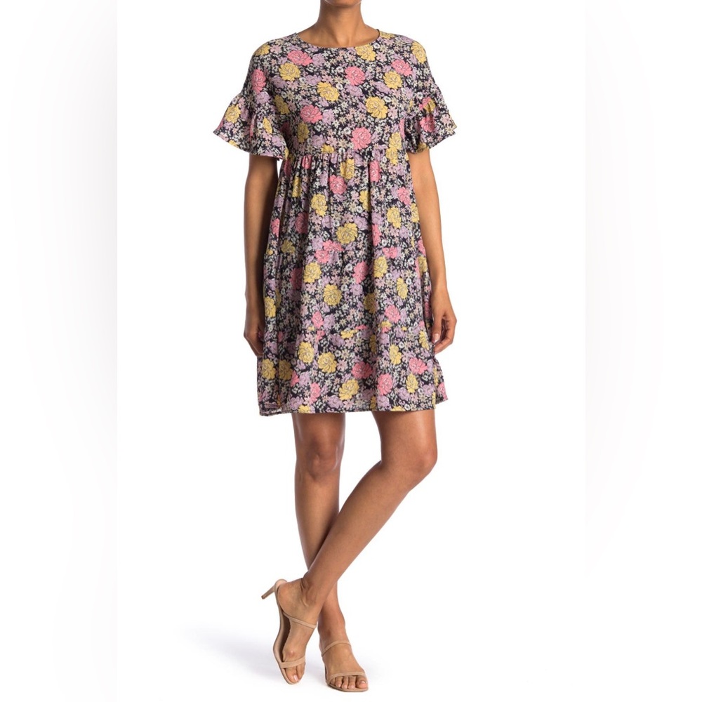 GOOD LUCK GEM floral short sleeve black pink mini dress womens M